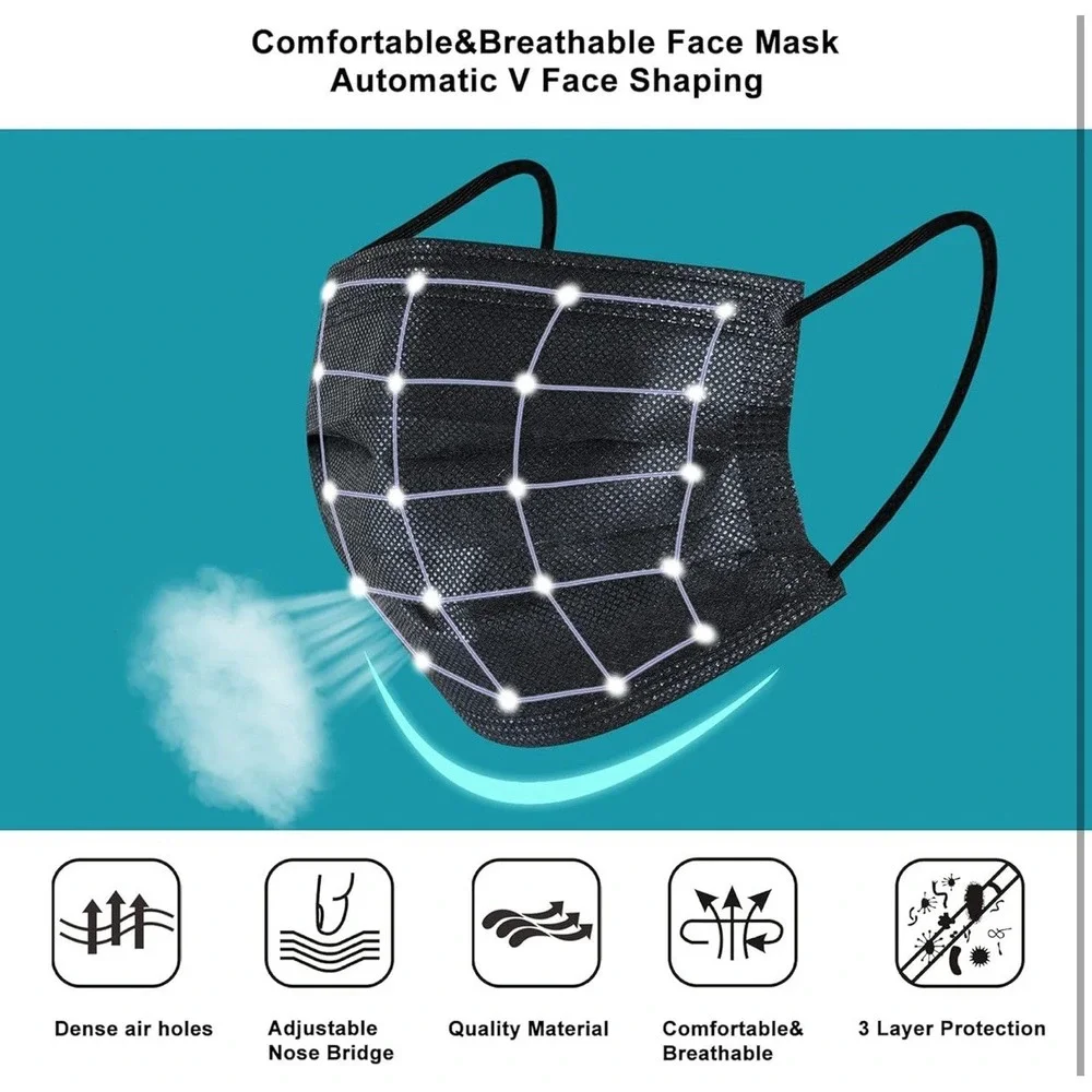 100 PCS Disposable Face Mask Non Medical Surgical 3 Ply Ear loop Black Masks USA